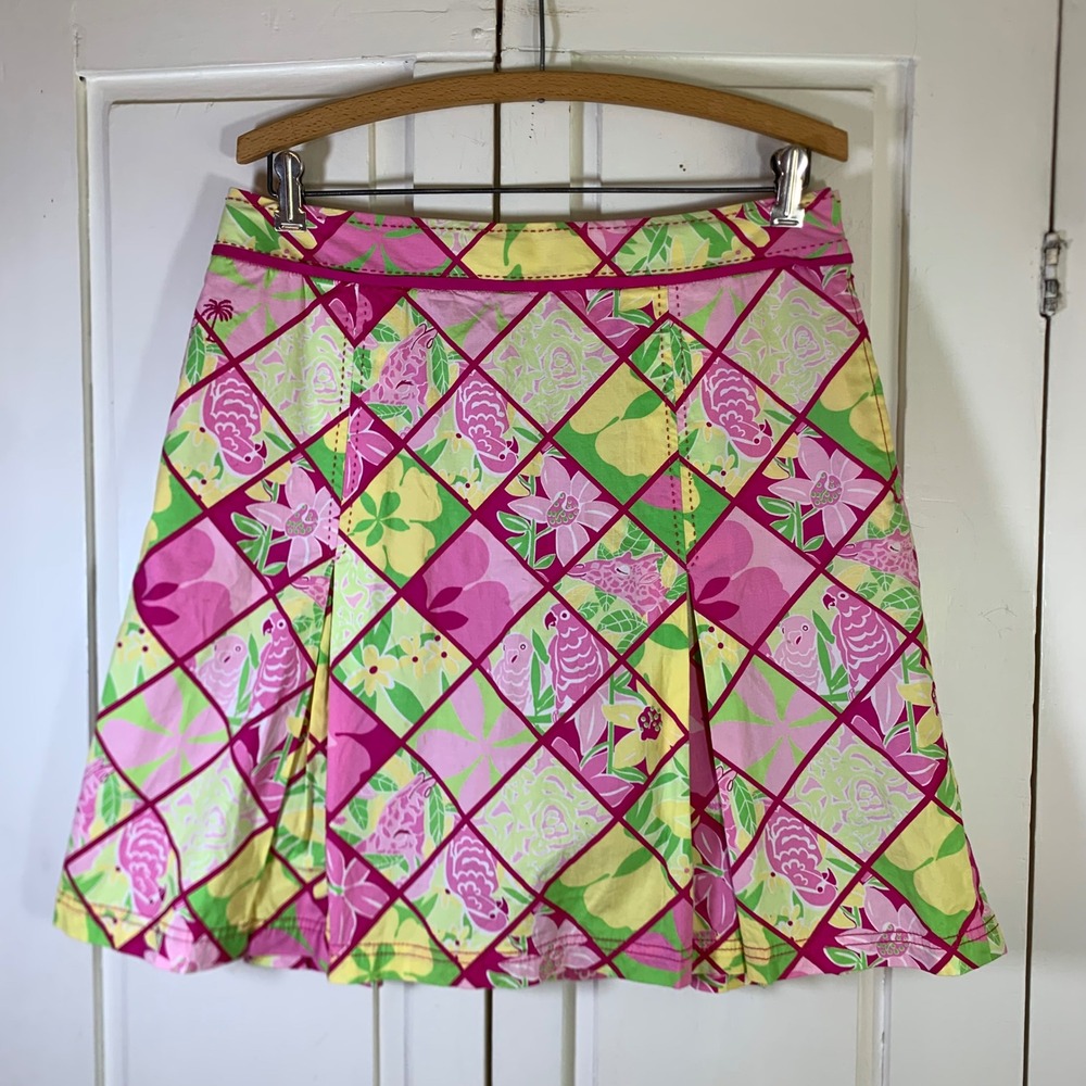 Lilly Pulitzer Pink Green Tropical Parrot Trellis ALine Mini Skirt Skort 10 READ